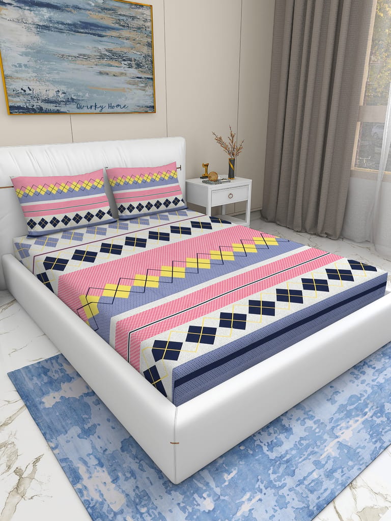 Quirky Home Rome Collection Premium Cotton Blend 180 TC Fitted Double Wrinklefree Bedsheet with 2 Pillow Covers, Pink Diamond view 2
