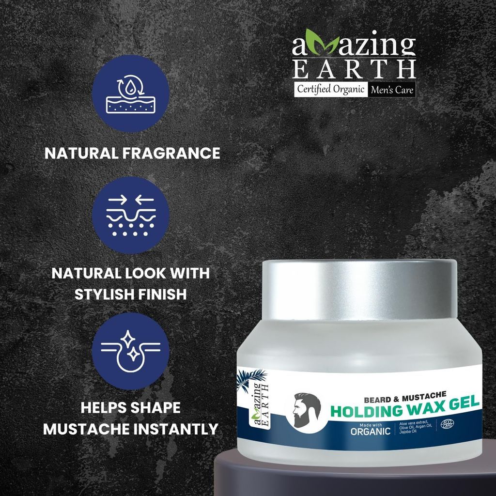 AMAzing EARTH Certified Organic Beard & Mustache Holding Wax Gel for Men - with Aloe Vera, Olive, Jojoba & Argan Oil, Strong Hold, Styling, Chemical Free, Sulphates & Parabens Free, 50gm view 2