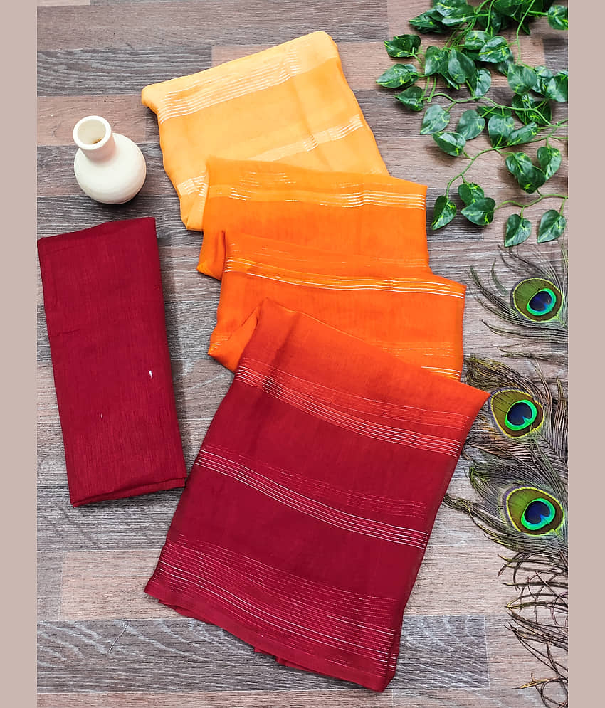 ANAND SAREES Satin Striped Saree With Unstitched Blouse Piece ( Orange ) view 2