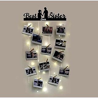 Khush Its Amazing Wood Best Ever Sister With LED Light Hanging Photo Display, DIY Picture Photo Frame Collage Set Includes Multi colour Clips view 2