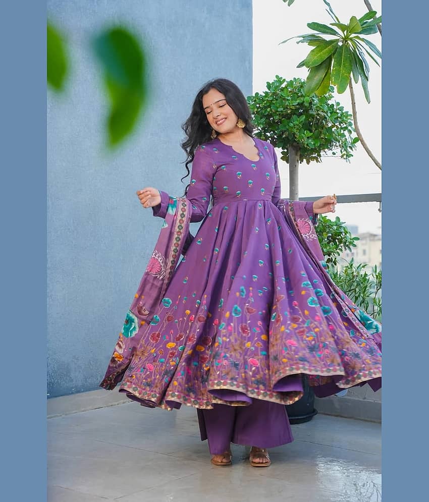 Varni Fabrics Women Art Silk Printed Anarkali Kurti With Pants ( Purple )