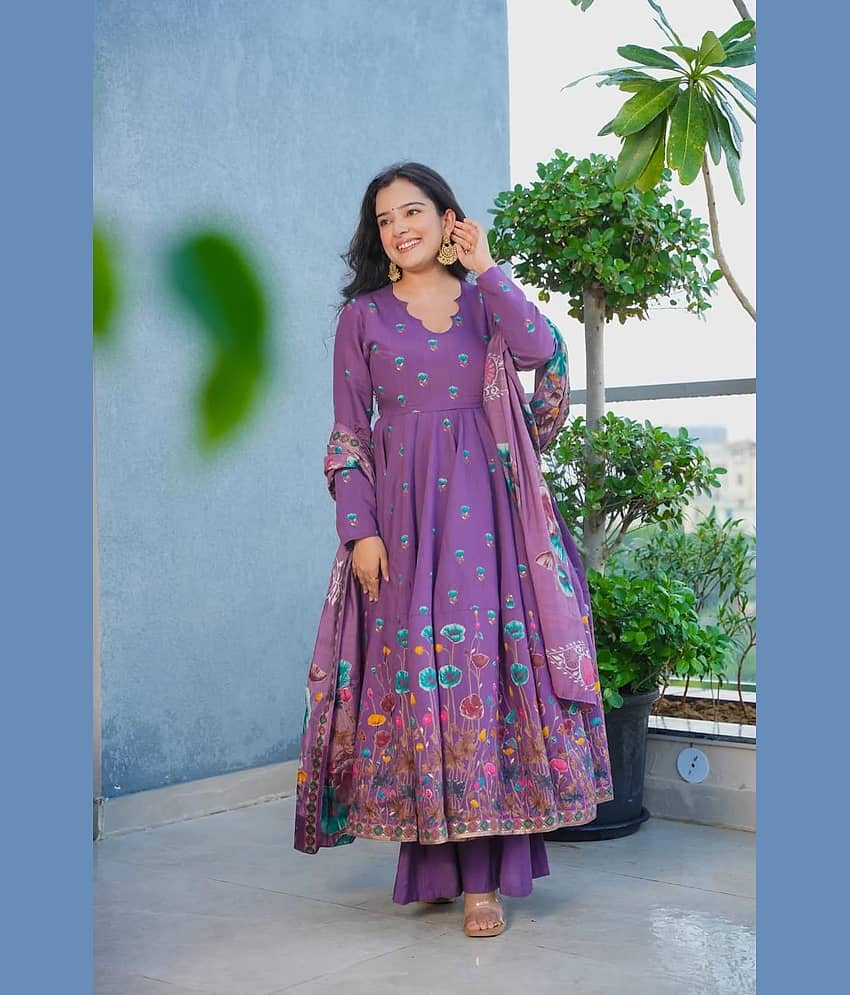 Varni Fabrics Women Art Silk Printed Anarkali Kurti With Pants ( Purple ) view 2