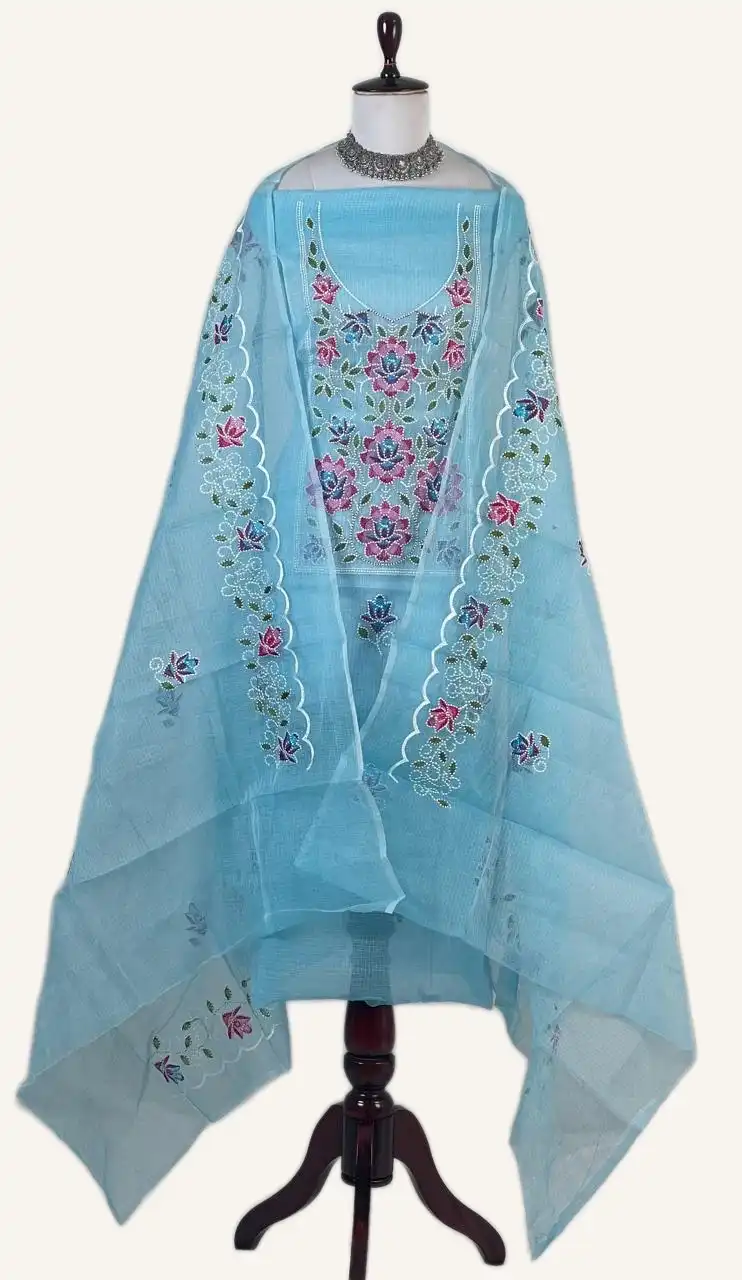 Kota Doria Dress Material Sky Blue Floral Bouquet view 2