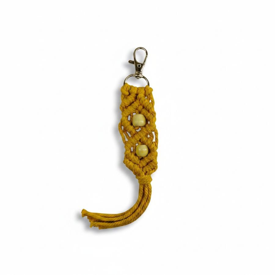 Handmade Macrame Tassel Keychain | Cotton Cord Boho Keychain with Wooden Beads | Decorative Bag Charm and PhoneAccessory | Yellow view 2