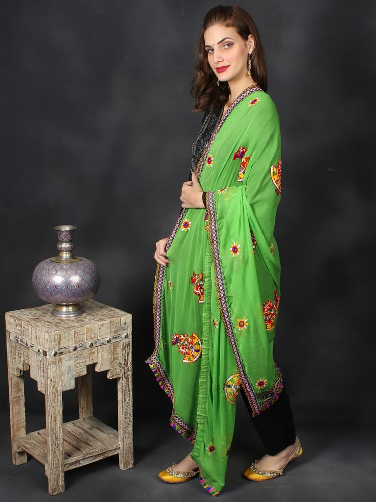 Green Phulkari Dupatta With Sequin Embroidered Dandiya Motif And Saori Lace On The Borders From Rajasthan view 2