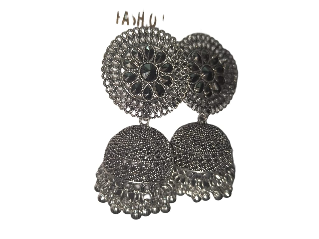 Oxidized German Silver Jhumka Earrings with Stone for Women view 2