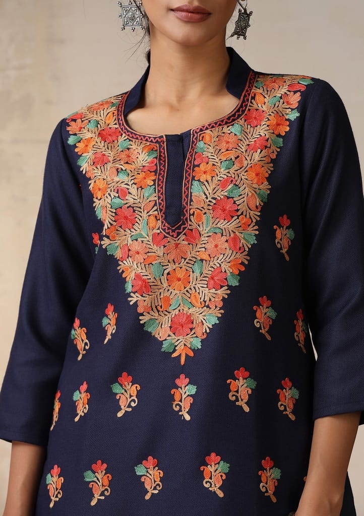 HOC Crafts Woollen Aari Embroidered Solid Women's 2 PC Short Kurta Set - Blue view 2