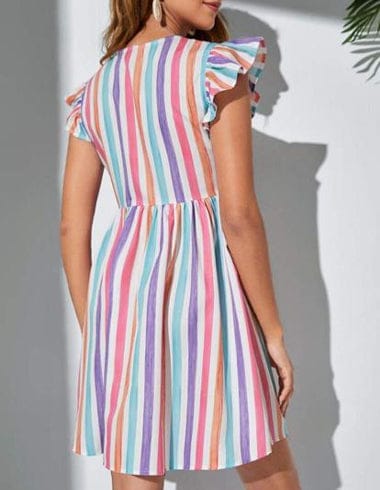 Striped Elegance: Button-Front Dress with Delicate Ruffle Trim view 2