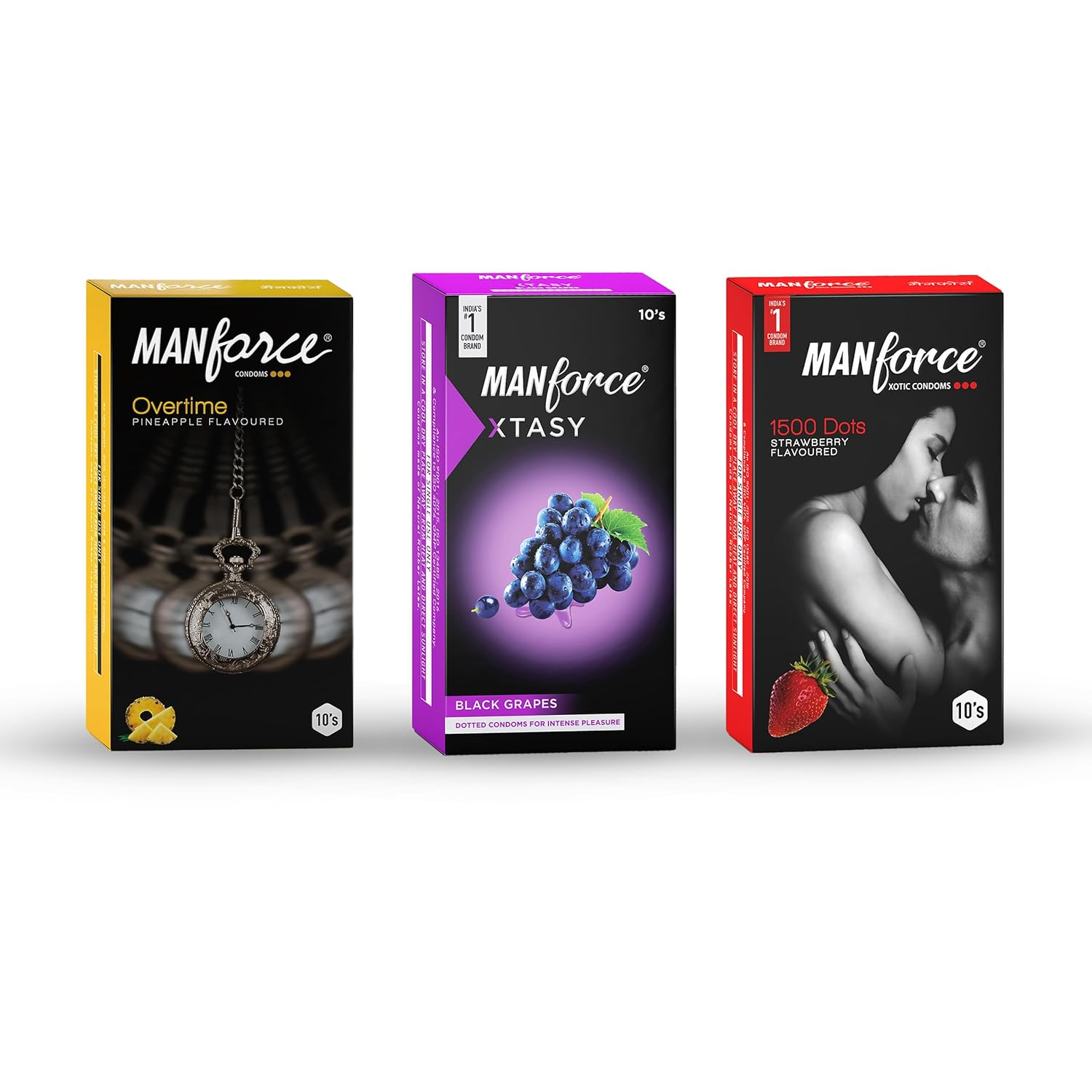 Manforce Condoms Combo Pack (3in1 Strawberry 3in1 Black Grapes & Extra Dotted Pineapple Flavoured)- 10 Pieces (Pack of 3) view 2
