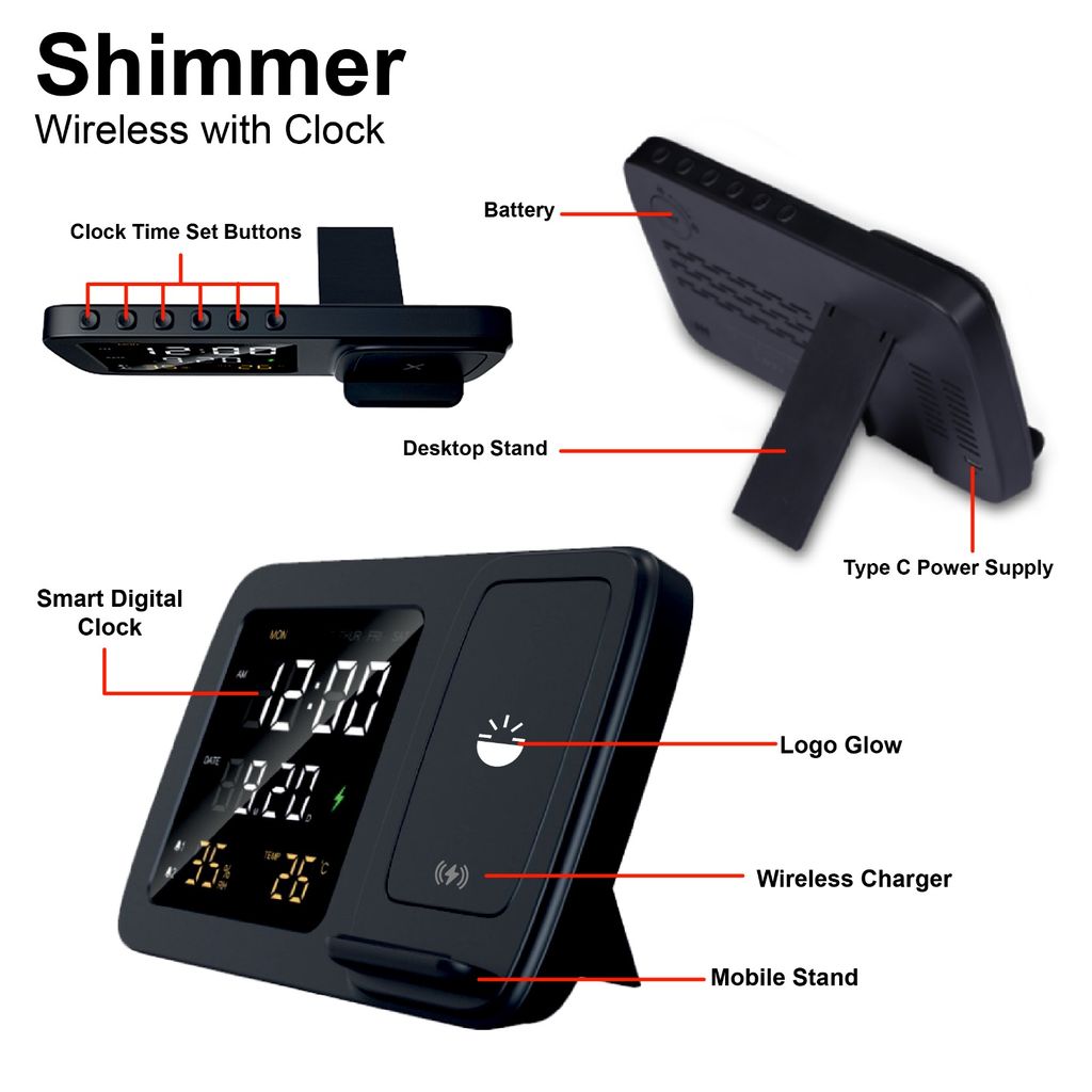 Glow Gadgets Shimmer Wireless charger with clock view 2
