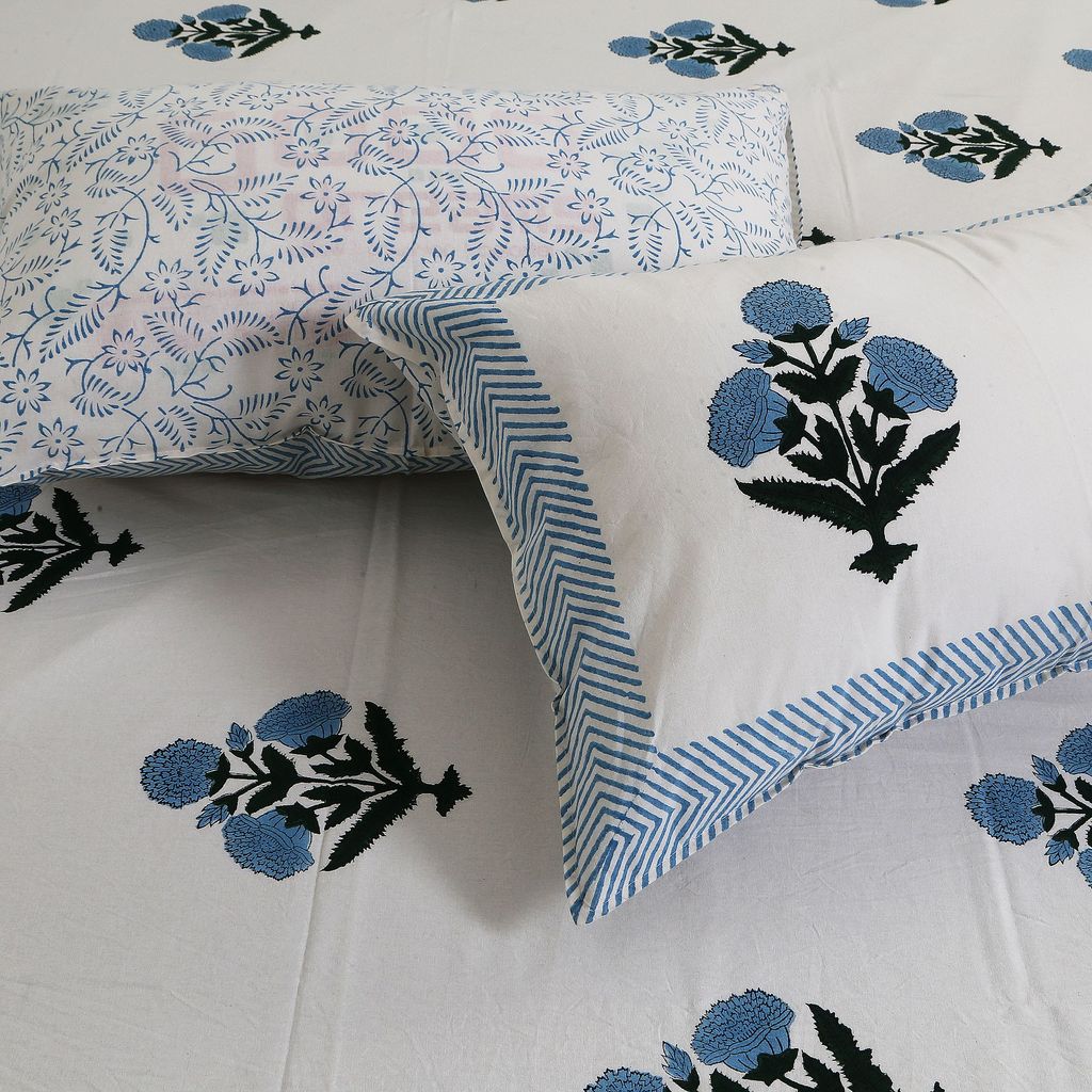 Cotton Hand block bedsheet & pillow cover (90 x108) King Size Flower buta blue view 2