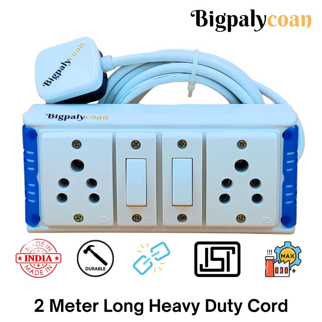 Bigpalycoan 2 Way Extension Multi Outlet Electrical Switch Board with Individual Switch Heavy Duty 2 metre Cord (Max. Rating 1200W- 230V) PVC Blue/Green-White view 2