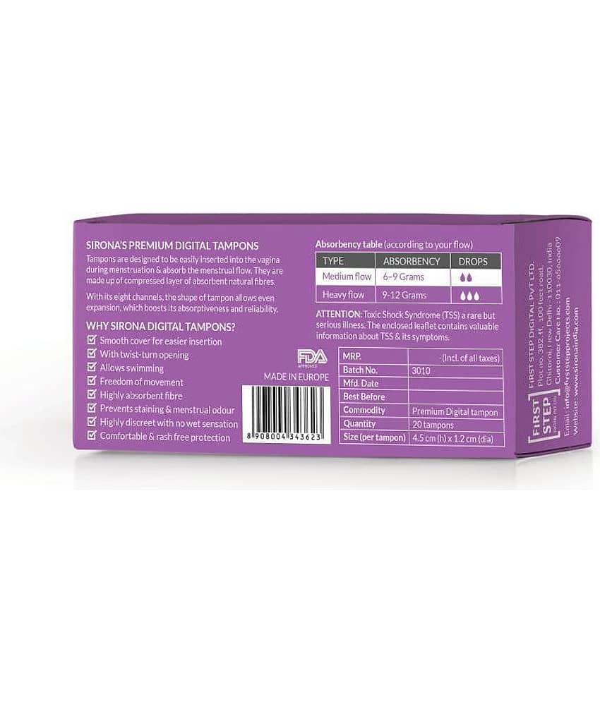 Sirona Period Made Easy Tampons - 20 Piece (Pack of 2) | For Medium & Regular Flow | Biodegradable Tampons | FDA Approved view 2
