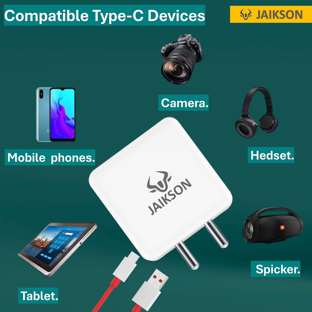 Jaikson™ 20w Turbo Mobile Charger Adapter with Type-C Charging Cable for Dash, WARP, Dart, Flash VOOC| Compatible with One Plus, Oppo,Realme,Xiaomi,Redmi,Vivo, Poco,Motorola, Samsung,Infinix Phones view 2