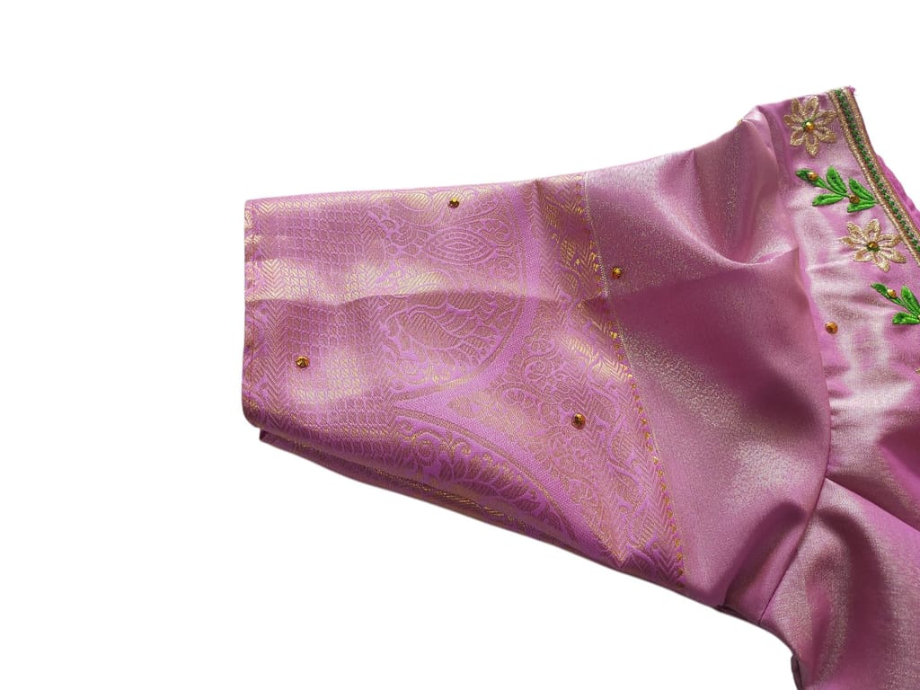Readymade Saree Blouse for Women, Pink Color, Floral Embroidery, Short Sleeves, Round Neck view 2