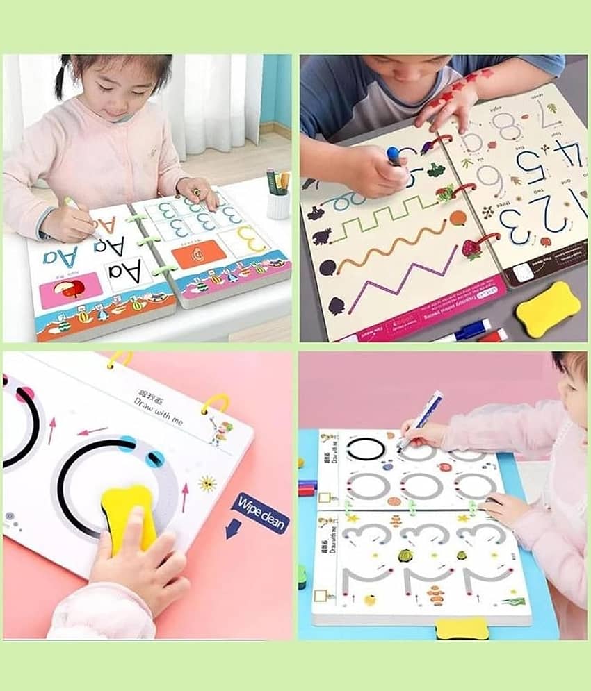 64 Pages Magical Tracing Workbook Set, Hand Writing Pen Control Training Book For Learning To Write The Alphabets & Numbers, Preschool Educational Reusable Learning Book For Kids view 2