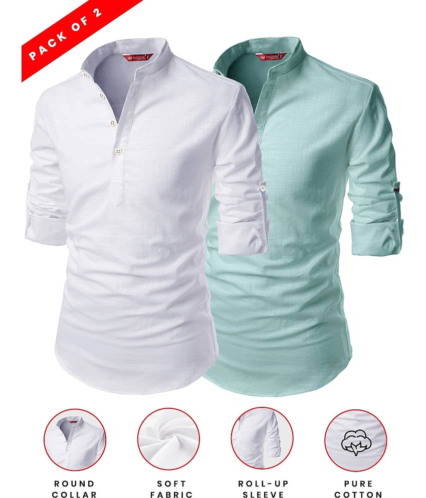 Yugnik Lime Green Cotton Men's Shirt Style Kurta ( Pack of 2 )