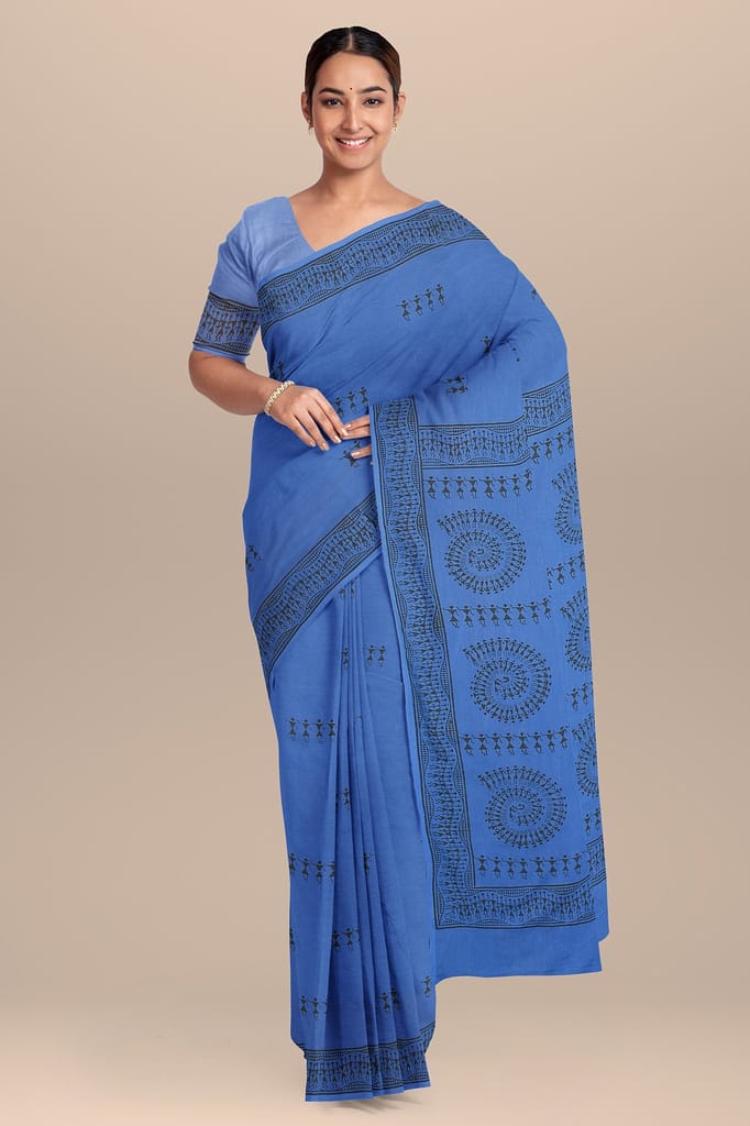 Blue Warli Motif Hand Block Print Malmal Cotton Saree SKU-AS10066 view 2