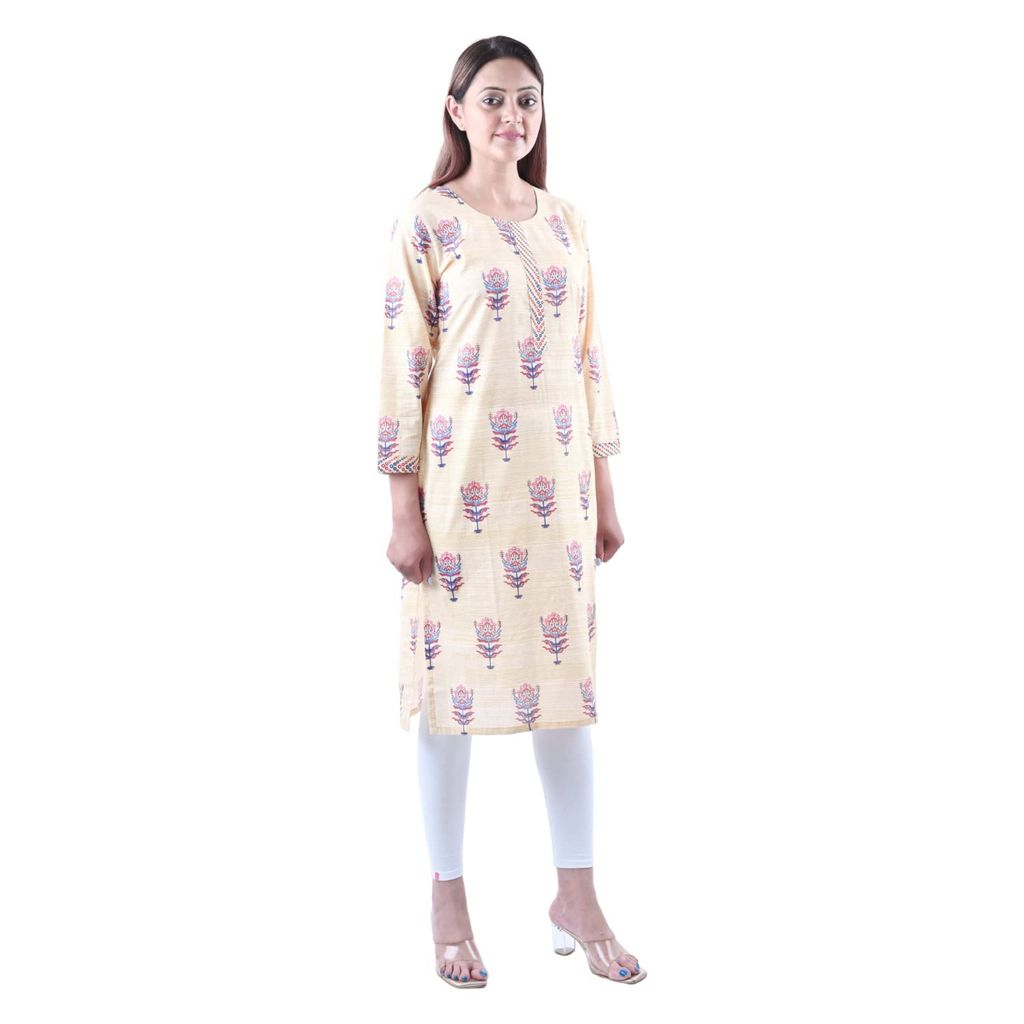 falah Handicrafts Society Women's Cotton Fabric Formal Block Printed A Line Kurti (FHS/KU/23/19-2XL) Cream view 2