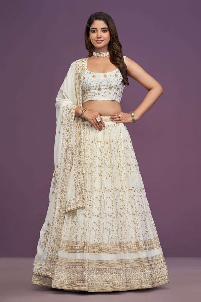 Buy White Georgette Embroidered Lehenga Choli With Dupatta Online view 2