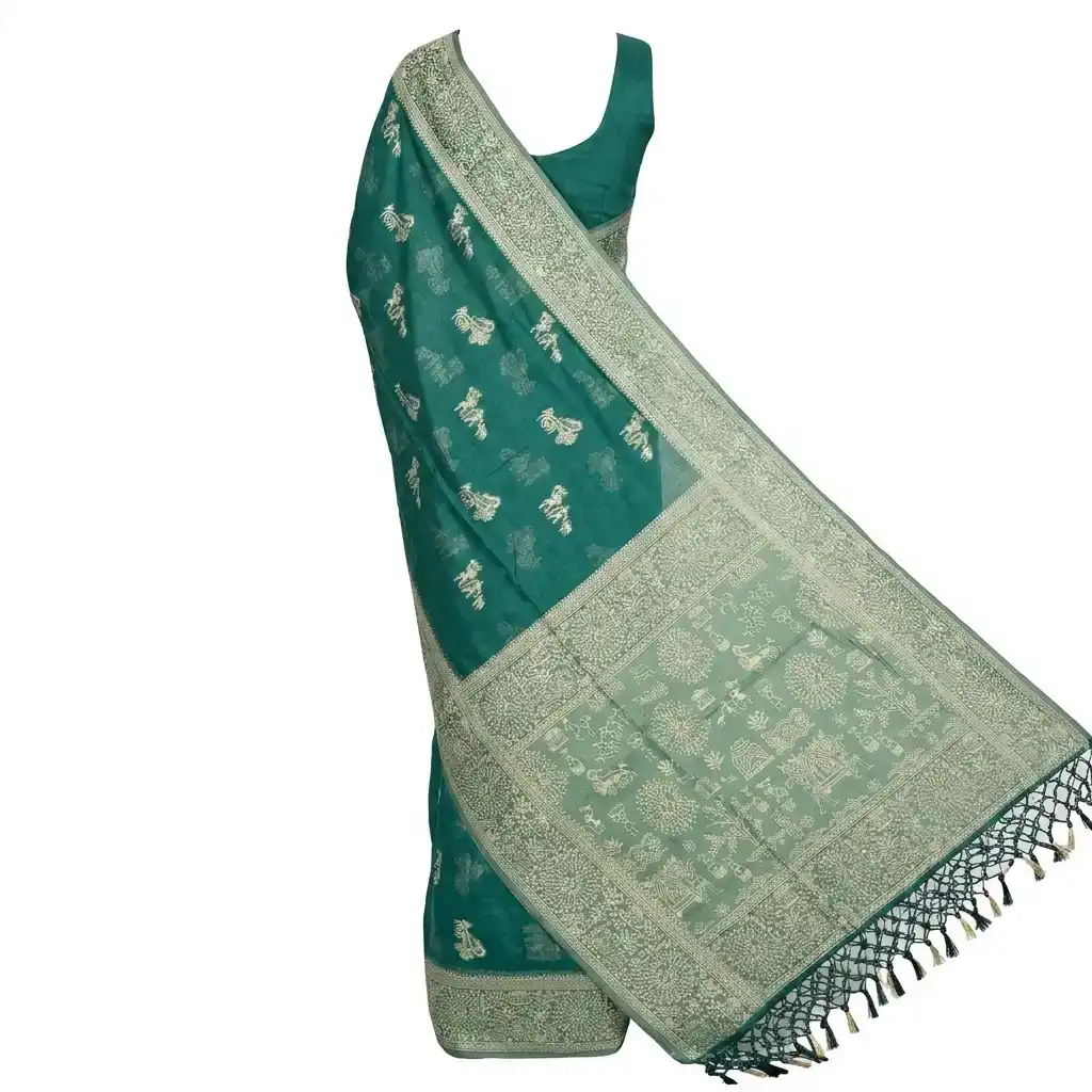 Green Printed Odisha Handloom Saree | Ethnic Woven Cotton view 2