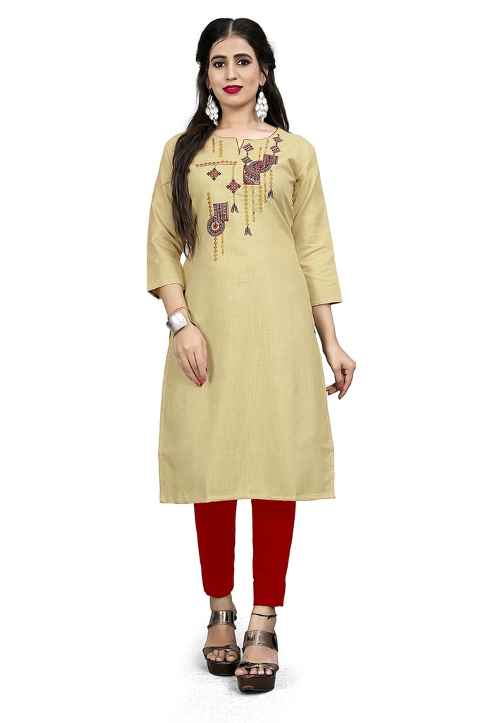 STYLEOO Ruby Slub Embroidered Straight Kurta/kurties for Women and Girls Pack of 3, CREAM, LIGHT GREEN & PINK,(M, L, XL, XXL) view 2