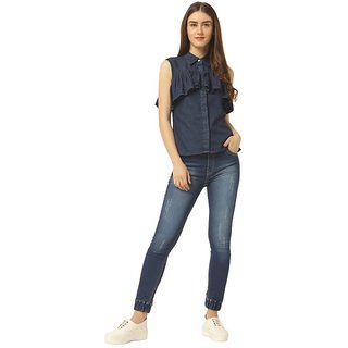 Women's Navy Blue Relaxed Fit Mid Rise Regular Length Scraped Denim Stretchable Jogger Pants view 2