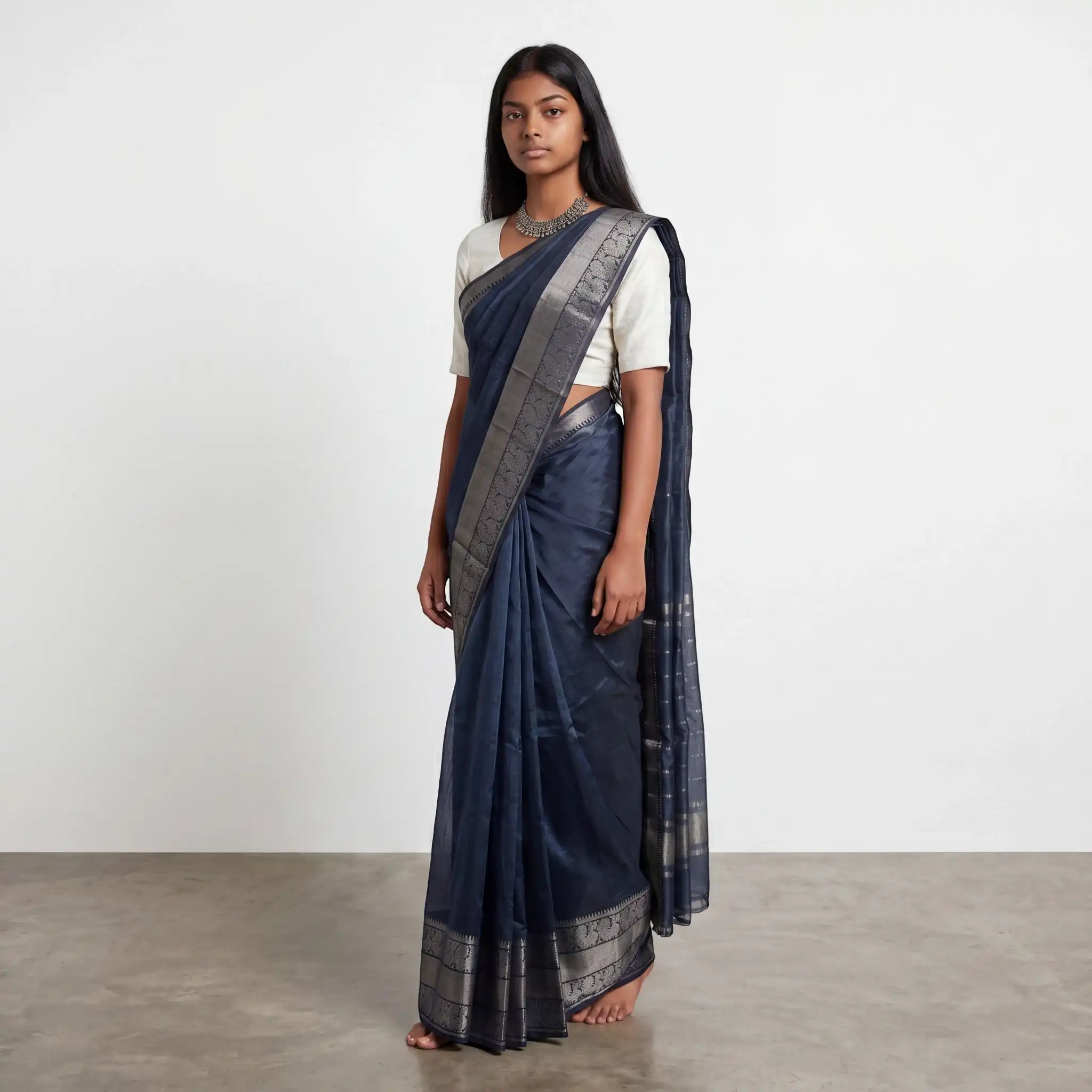 Mangalgiri Steel Blue Pure Silk Handloom Saree Zari Border view 2