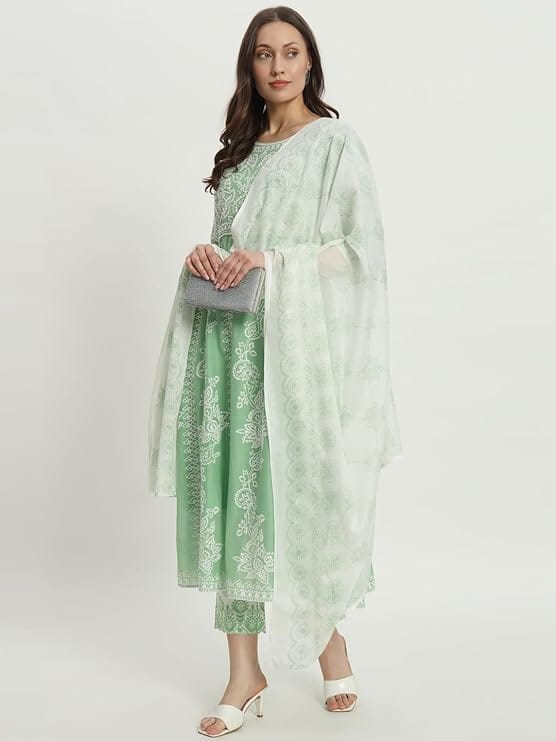 Green Chikankari Embroidered A-Line Kurta with Pant Set view 2