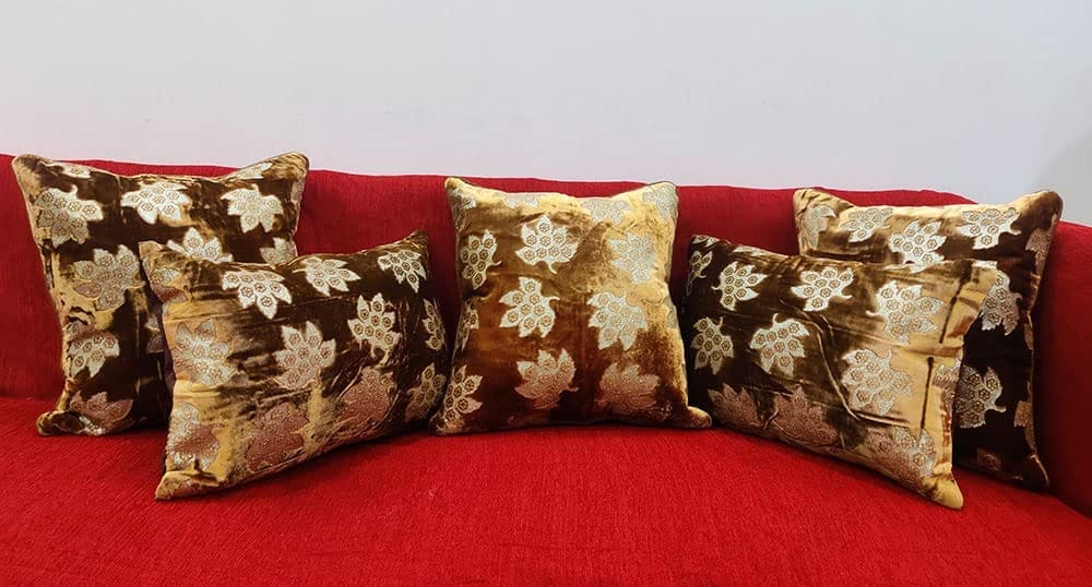 Brown Golden Cushion Cover with Leaf Embroidered Stitched Zippered Velvet Combo Cushion Cover (16x16 inch and 30 x 45 cm) Set of 5 view 2