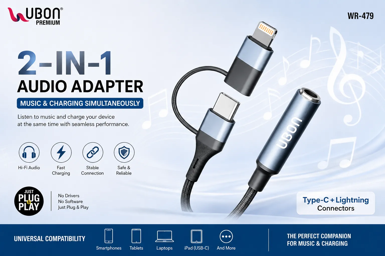 UBON WR-479 2-in-1 Type-C Audio & Charging Adapter | Fast Charging + 3.5mm Audio Converter | Hi-Fi Sound Quality | Simultaneous Music & Charging | Durable Compact USB-C Adapter for Android Smartphones, Tablets & Type-C Devices (Random Color) view 2
