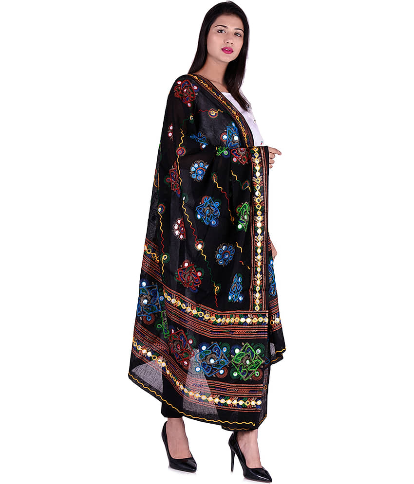 Apratim Black Cotton Kutch Embroidered Dupatta - Single view 2