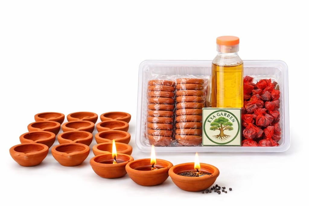 Bhairava Ashtami Diya (24 Pcs) Clay Diya with Sesame Oil & Red Cloth Black Pepper Packs view 2