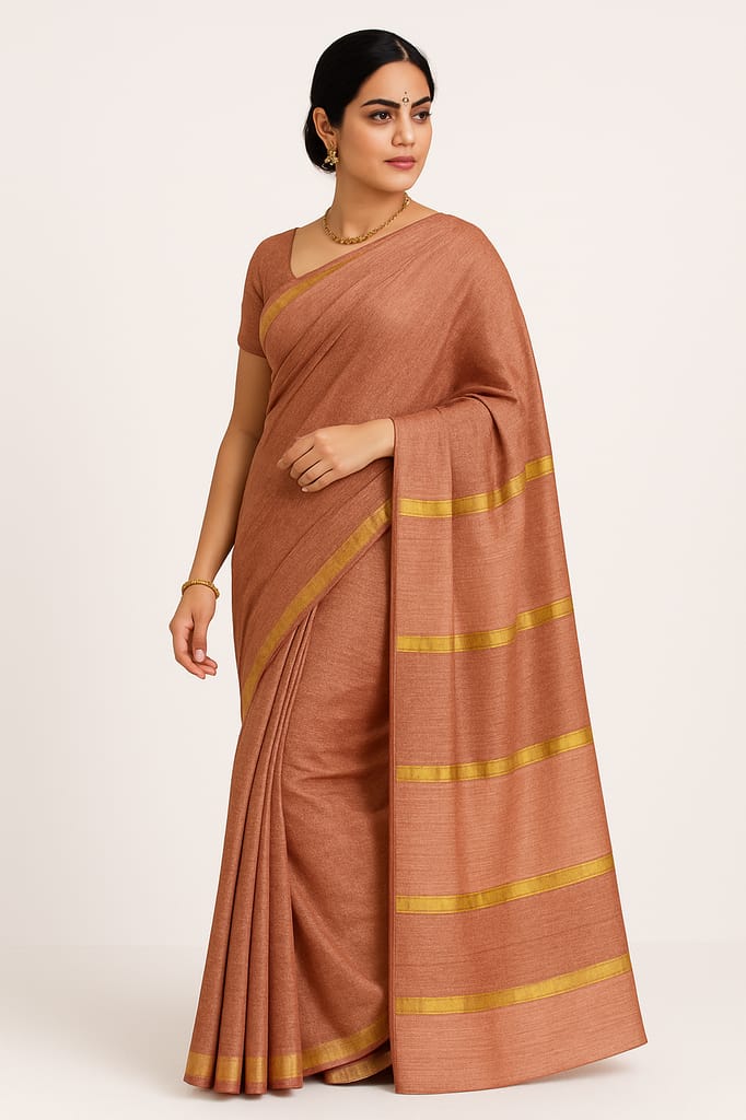 Rose Gold Tussar Silk Saree with Golden Zari Stripes view 2