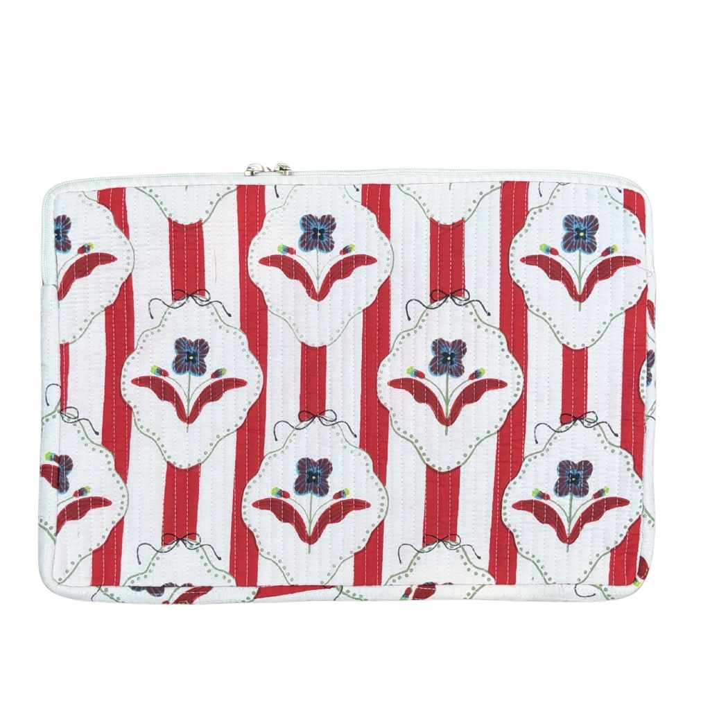 Amber Lines Block Print Quilted Cotton Laptop Sleeve With Front Pocket Red 10"X15" view 2