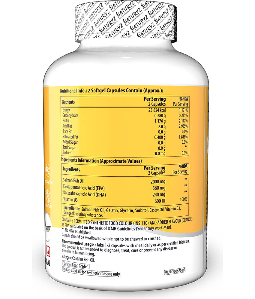 NATURYZ BURPFREE SALMON Fish Oil 2000 Mg with Vitamin D3 for Skin, Eyes, Heart & Brain - 90 Softgels view 2