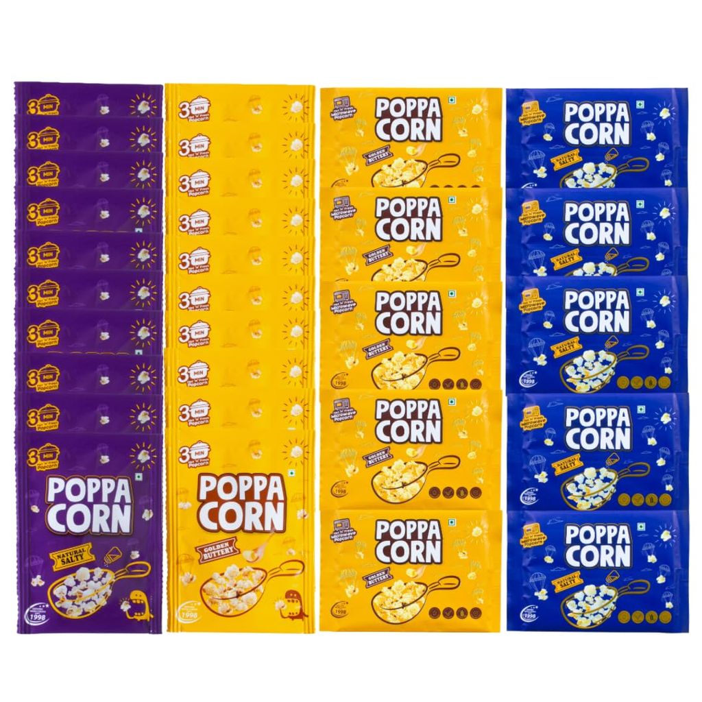 POPPACORN 35gx10 Pouches Natural Salty, 35gx10 Pouches Golden Buttery Instant Popcorn & 33gX5 Pouches Natural Salty, 33gX5 Pouches Golden Buttery Microwave Popcorn Pack of 30 (1030gm)