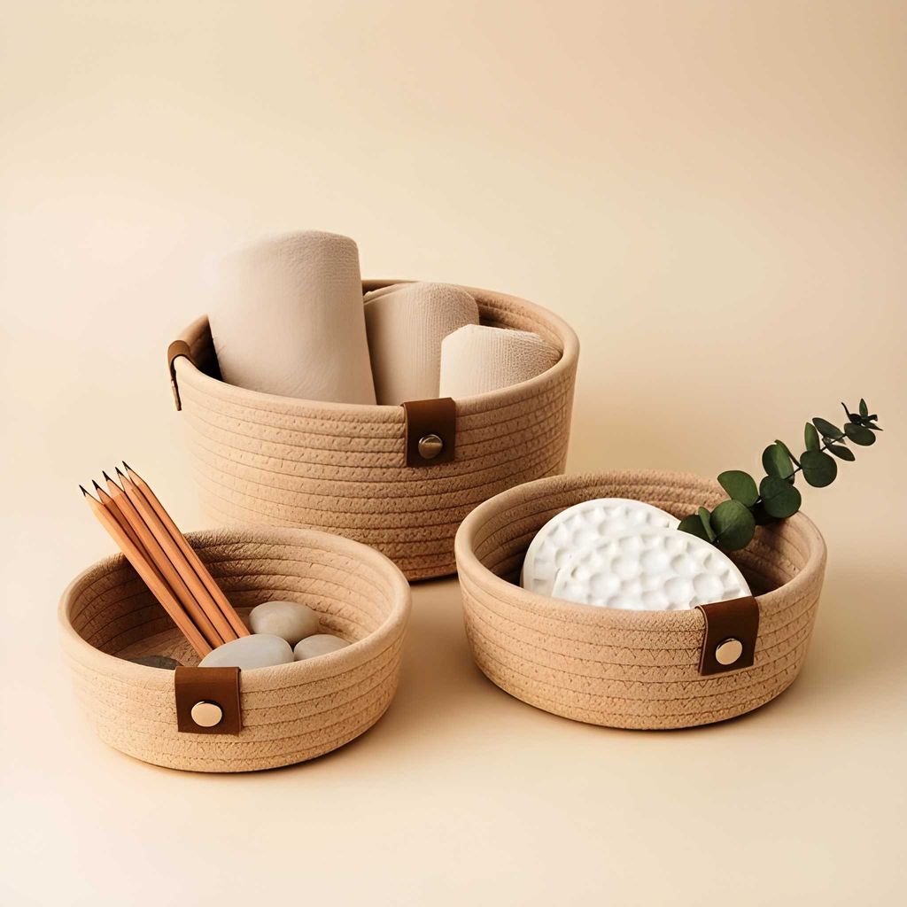 Premium Cotton Rope Storage Basket Set | Woven Decorative Organizer Baskets with Handles | Multipurpose Nesting Storage Basket for Home, Living Room & Nursery (Set of 3) view 2