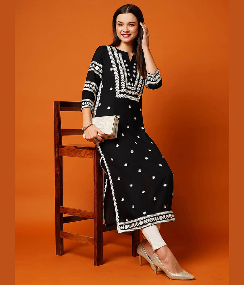 anushansa Pack of 1 Rayon Embroidered Straight Women's Kurti - ( Yellow )