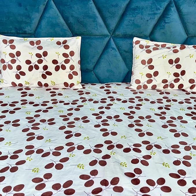 SineCRAFT Creations Double Bed Bedsheets 90X100 Inches 240 TC Glace Cotton King Size with 2 Pillow Covers - White & Red Leaves Free 3 Pc Cushion Cover view 2