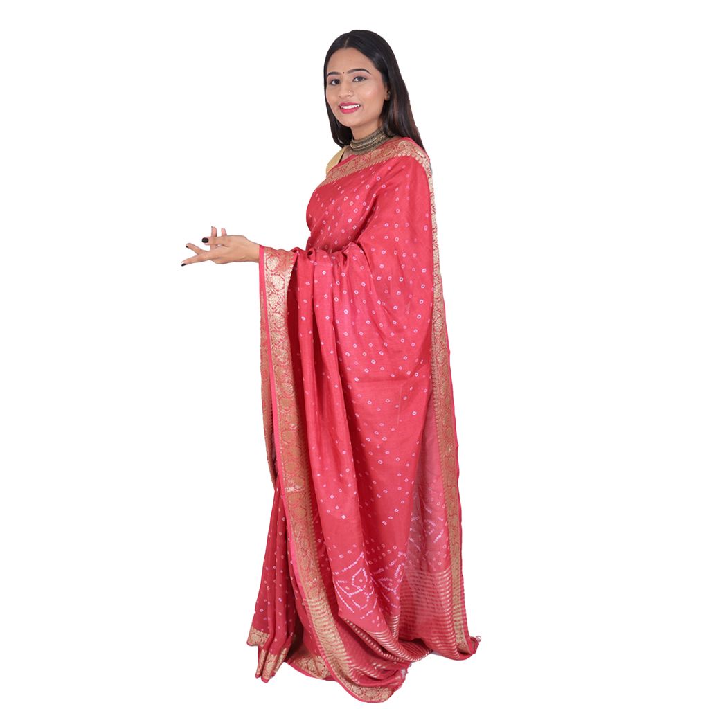 Tribes India Handwoven Baby Pink Bandhej Saree view 2