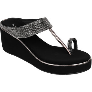 Lazera Black Wedge Sandals for Women Diamond T Strap Cushioned Footbed Rubber Sole view 2