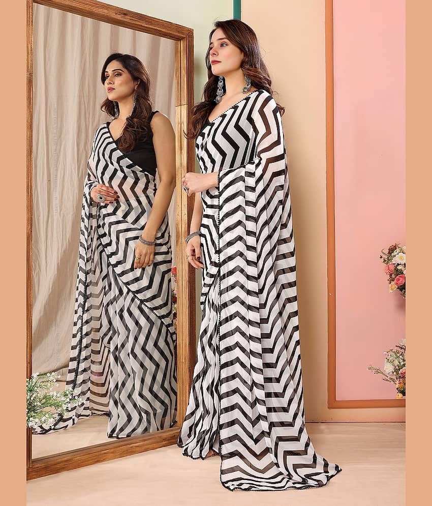 BLEESBURY Georgette Striped Saree With Unstitched Blouse Piece ( Black,White ) view 2