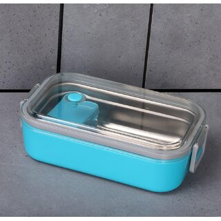 Rectangular Lunch Box for Kids Adults with Spoon, Transparent Lid, Secure Side Locks and Inner Mini Container, Reusable Tiffin Box for School, Office and Travel view 2