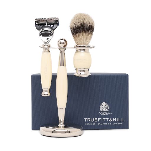 Truefitt & Hill Edwardian Set Faux Ivory Badger Brush,Fusion Razor,Stand 1 Piece