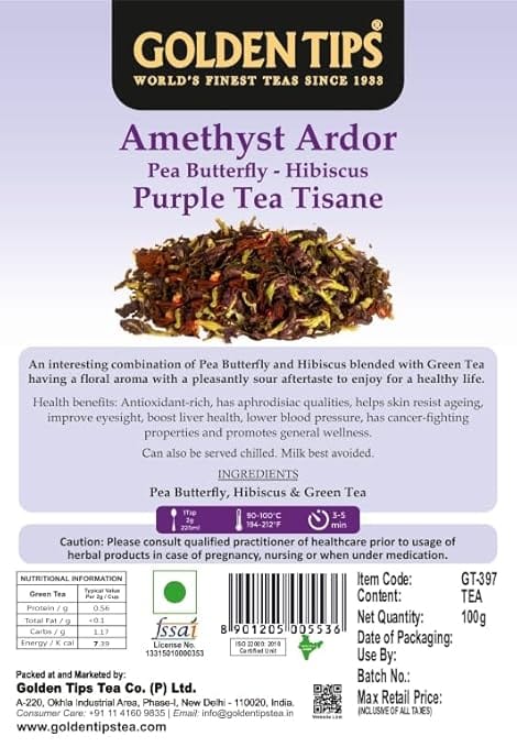 Golden Tips Blue Pea & Hibiscus Green Tea, Antioxidant-Rich Detox Tea, Floral & Refreshing Herbal Infusion, No Milk Needed, Enjoy Hot or Iced (100 Gram, 50 Cups) view 2