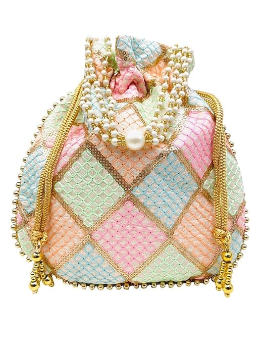 Potli Bag: Hand Embroidered Drawstring Bag with Pearl and Tassel Detail view 2