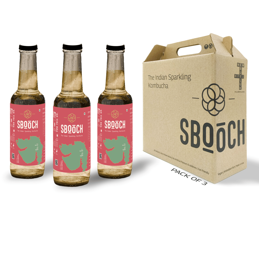 SBOOCH - Indian Sparkling Kombucha Tea | Gor Keri Flavor, All Natural | Gut Friendly | Antioxidant | Zero Preservatives | NO Artificial Flavors or Additives | Fermented Beverage Tea | 275ml (Pack of 3)