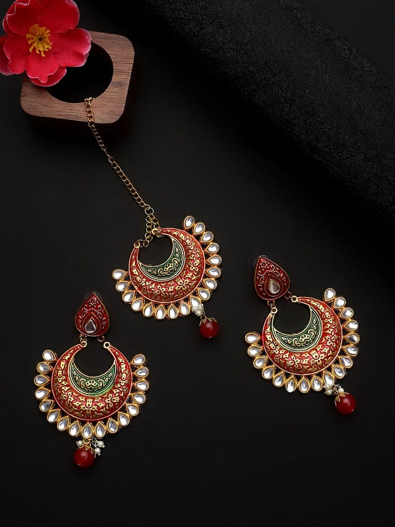 Cardinal Multicolor Minakari Kundan Maang Tika & Earrings view 2