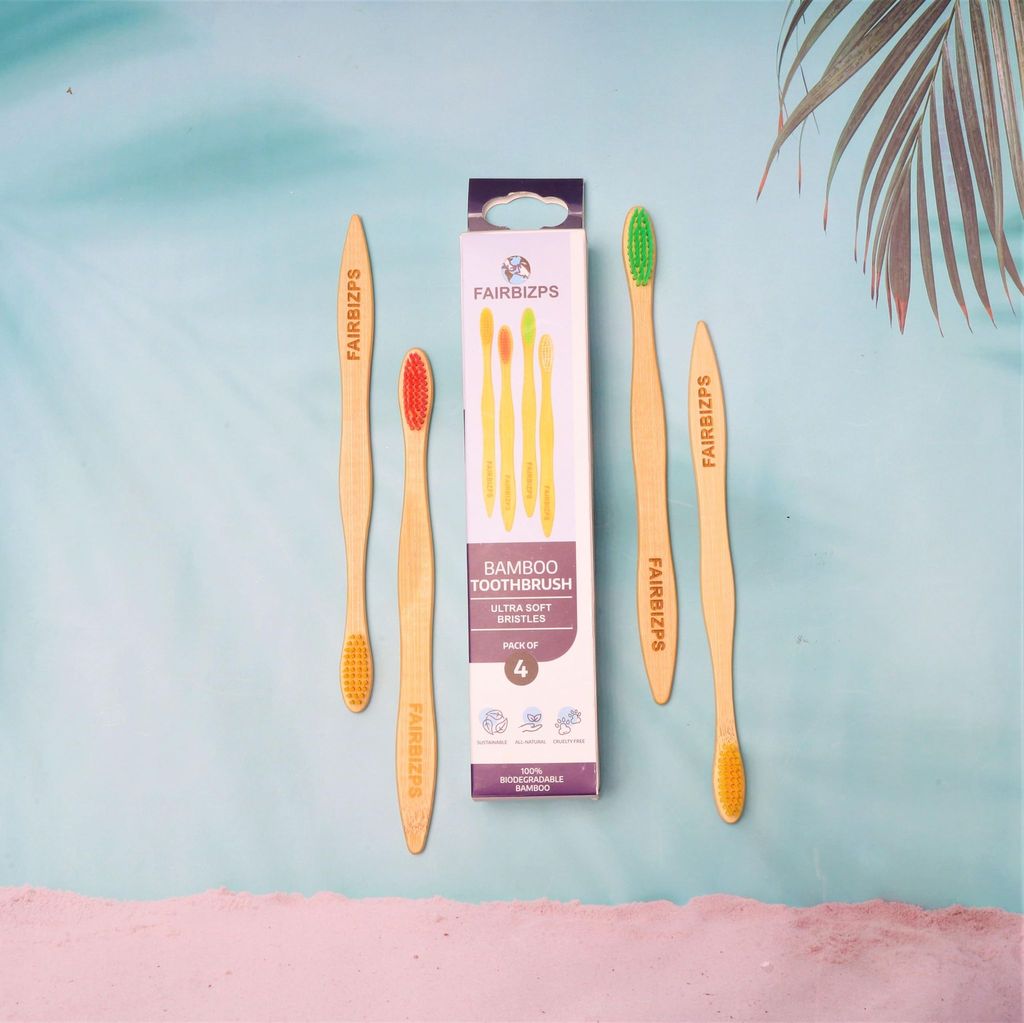FAIRBIZPS Bamboo Toothbrush Set - Pack of 4, Soft Bristles, BPA-Free, Antibacterial, Biodegradable Handle - Eco-Friendly Oral Care Kit for Kids and Adult view 2